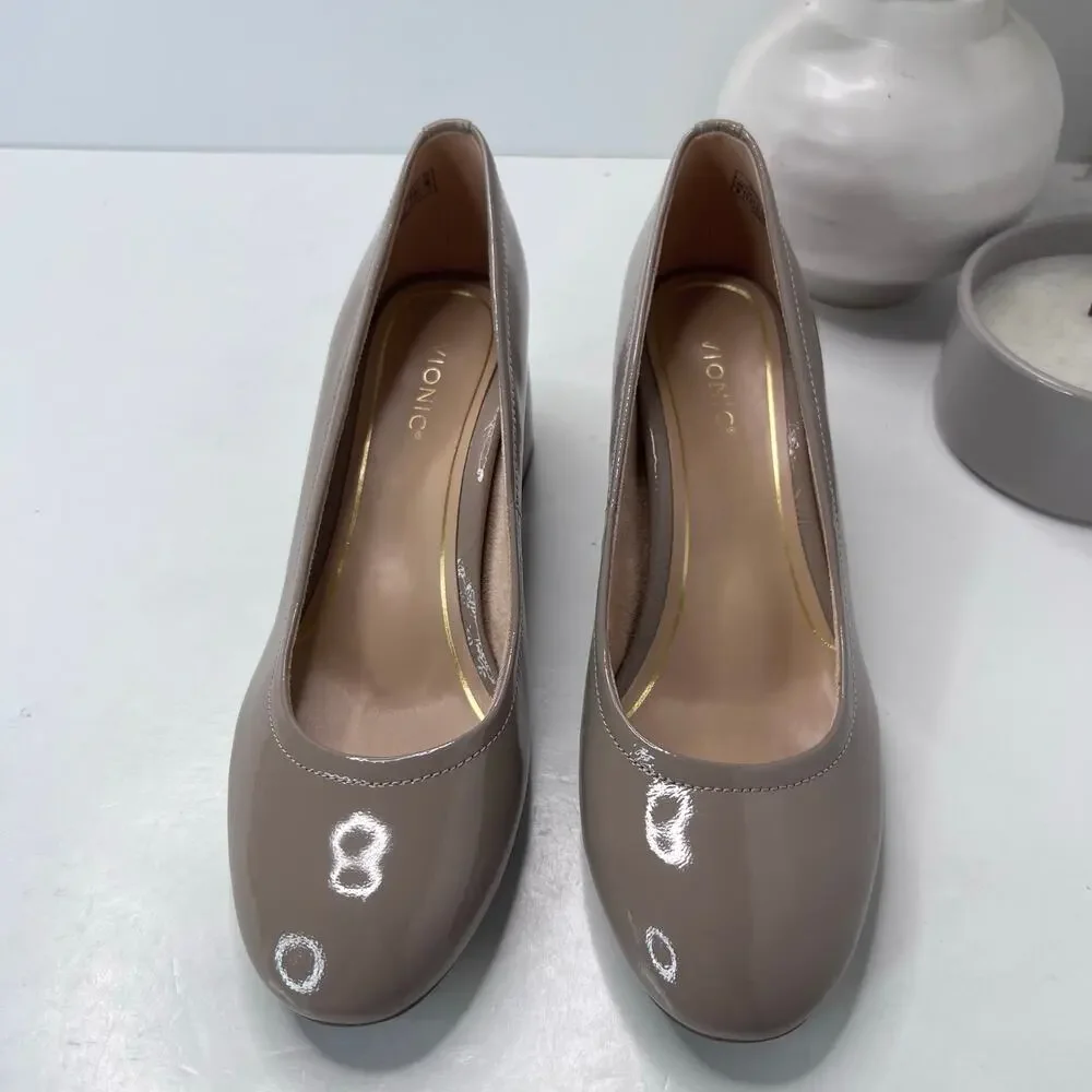 Vionic Carmel Patent Leather Slip On Chunky Heel Taupe Women's 9 M NWOB - Picture 5 of 11